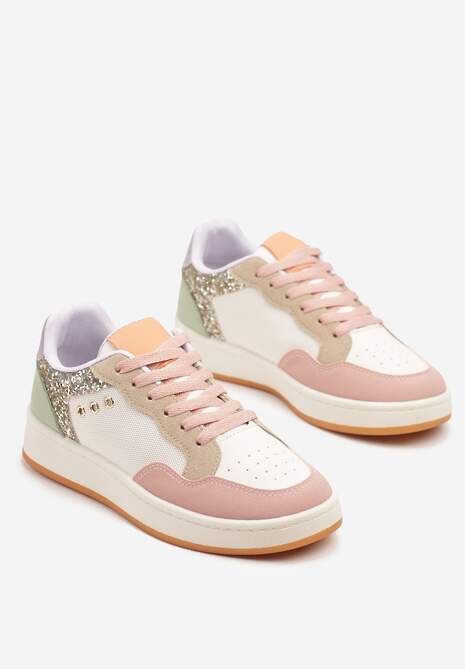Różowo-Beżowe Streetwearowe Sneakersy Zdobione Przeszyciami Neonisea
