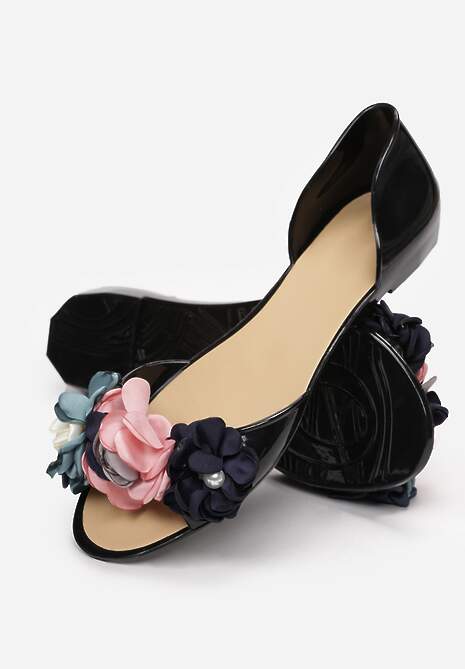 Czarne Balerinki Meliski Peep Toe z Kwiatową Aplikacją Idalina