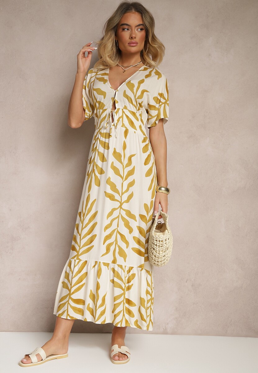 Żółta Wiskozowa Sukienka z Motywem Liści Verilin