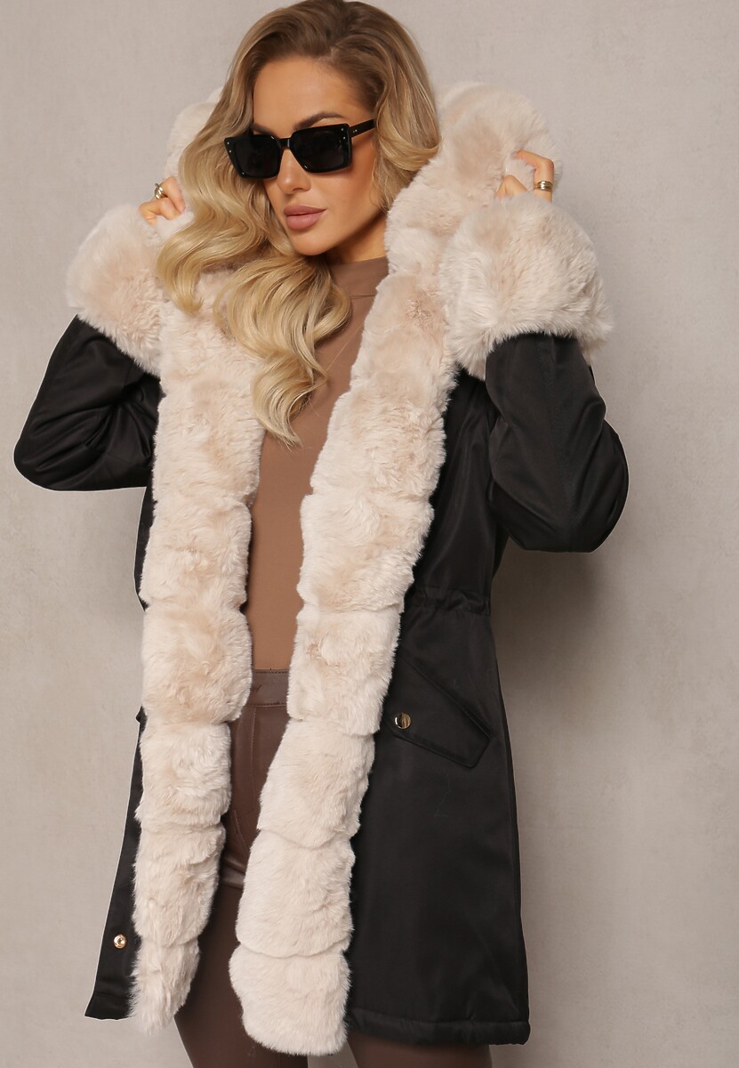 Beżowa Kurtka Parka z Paskiem w Talii i Kapturem z Futerkiem Hizontia