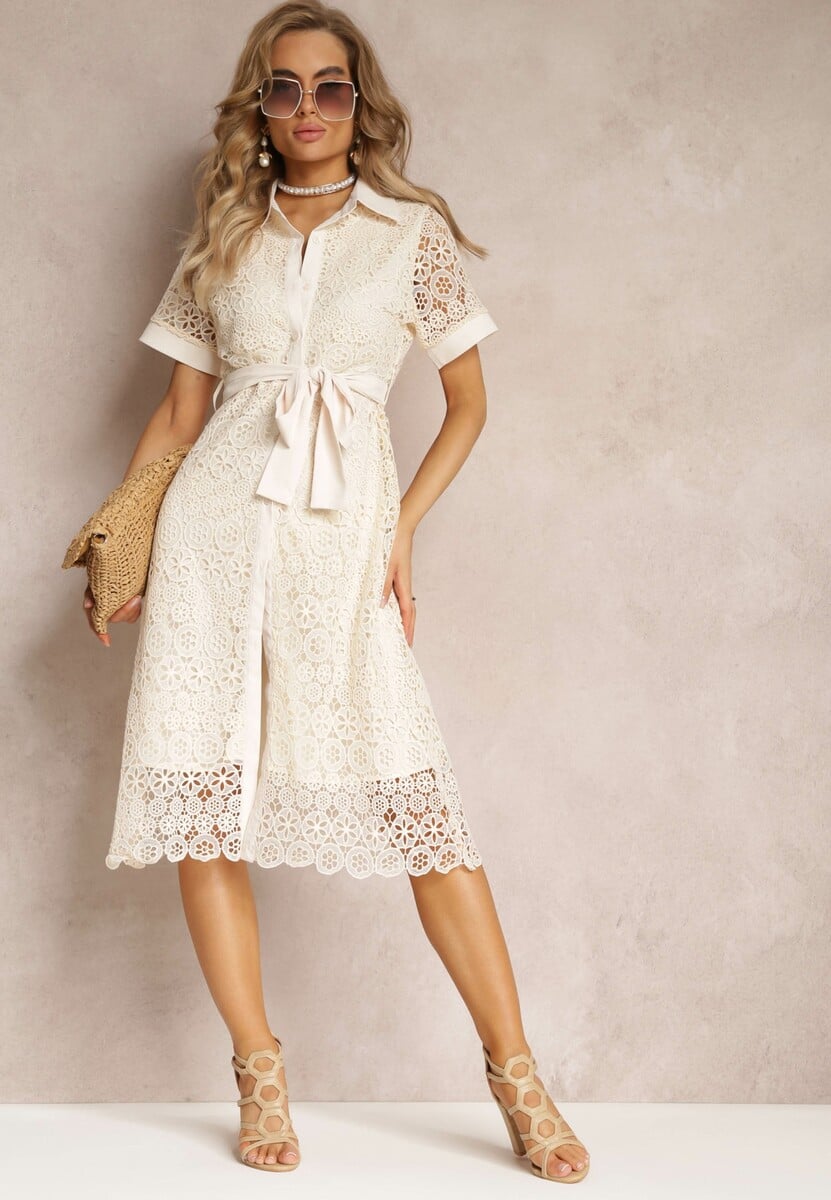 Czarna Koronkowa Sukienka Koszulowa z Krótkim Rękawem i Wiązanym Paskiem Noralia