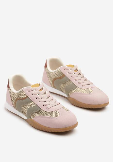 Różowo-Zielone Sneakersy z Geometrycznym Motywem i Plecionką Laniffia