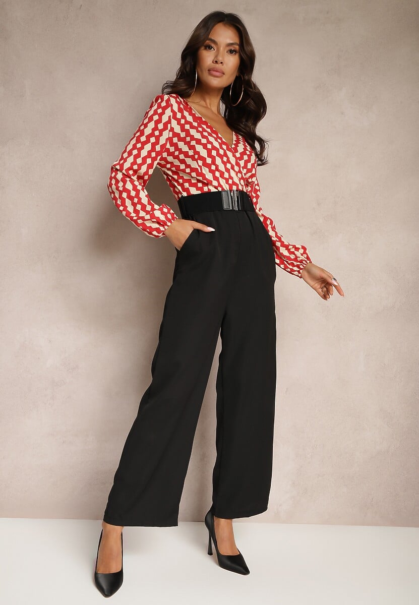 Czarno-Beżowy Kopertowy Kombinezon z Prostymi Nogawkami i Wzorzystą Górą z Paskiem w Talii Tinorielle