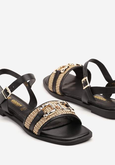Czarne Sandały z Wkładką ze Skóry Naturalnej i Zdobieniem z Plecionką Noledia