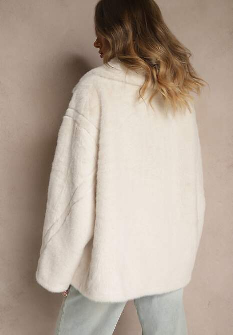 Biała Dwurzędowa Kurtka Futerko o Fasonie Oversize Manella