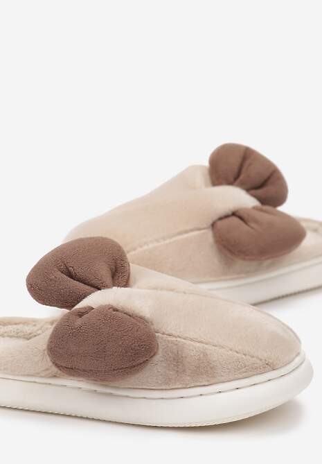 Beżowe Futerkowe Kapcie z Pluszową Kokardką Vlemona