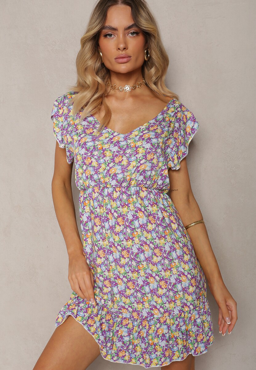 Fioletowo-Zielona  Sukienka z Bawełny z Gumką w Talii i Dekoltem w Serek Delletta