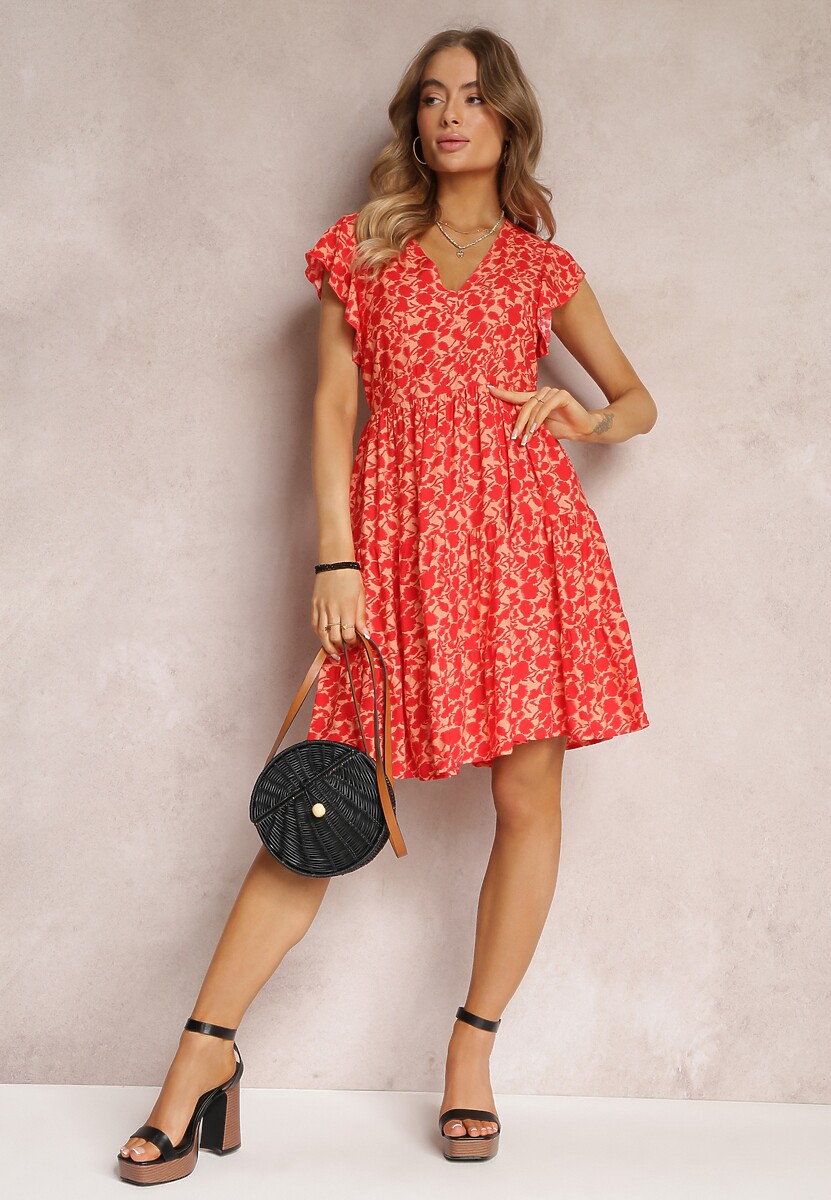 Czerwona Rozkloszowana Sukienka z Wiskozy z Falbankami Tuls