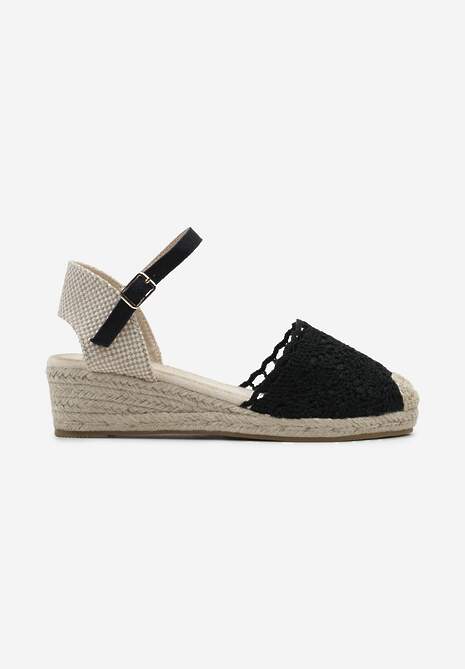 Czarne Sandały w Stylu Espadryli na Koturnie z Plecionką i Ażurowym Noskiem Bellisae