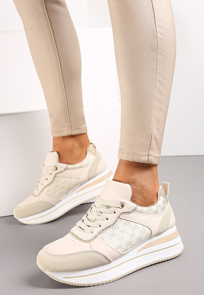 Beżowe Sneakersy z Brokatem na Grubej Podeszwie Hilena