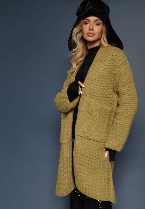 Zielony Kardigan Bez Zapięć Zdobiony Luźnym Splotem i Wsuwanymi Kieszeniami Calineth