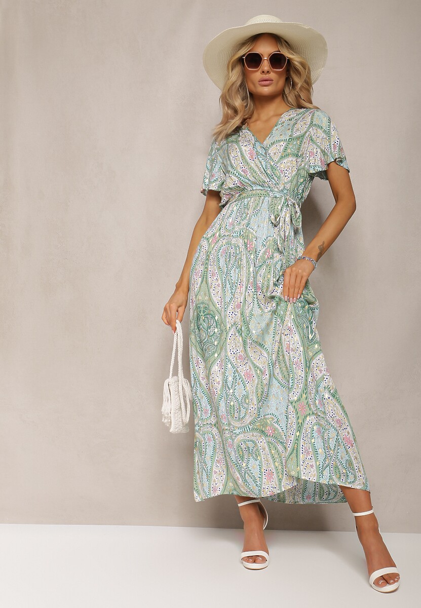 Pomarańczowa Rozkloszowana Sukienka o Kopertowym Fasonie z Paskiem i Ozdobnym Wzorem Briarwin