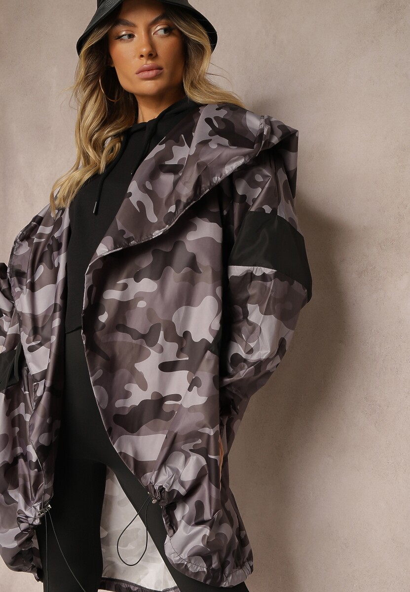 Czarno-Szara Niezapinana Kurtka Wiatrówka z Troczkami i Nieodpinanym Kapturem Irilani