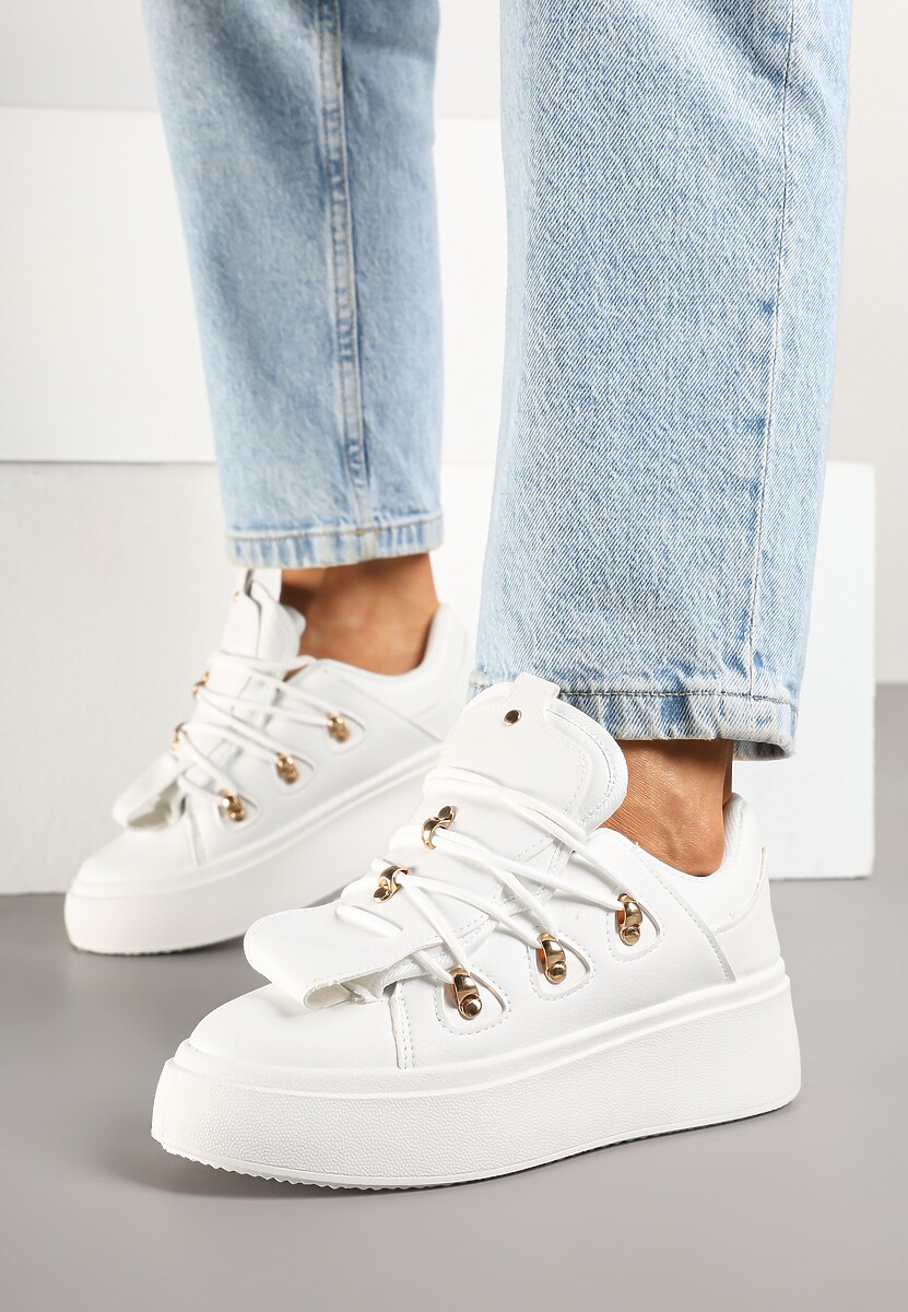 Beżowe Sneakersy na Platformie Ozdobione Wstawką i Rzemykami na Języku Barilsa