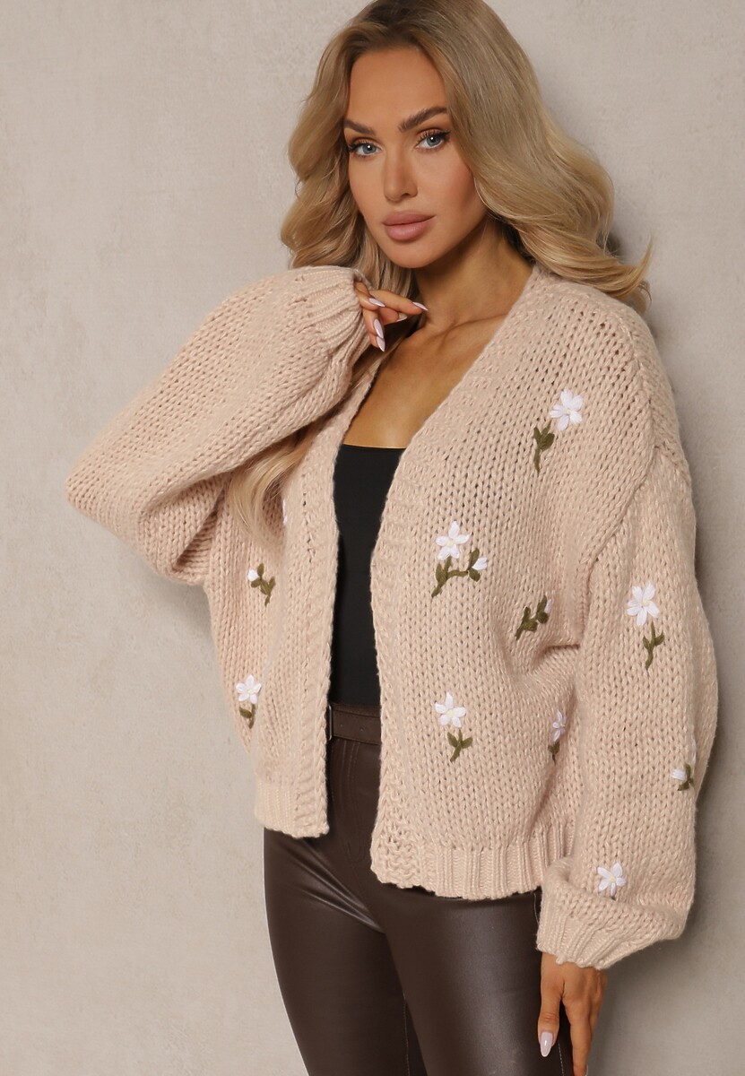 Brązowy Kardigan w Kwiatowe Aplikacje z Zapięciem na Elegancką Agrafkę Patista