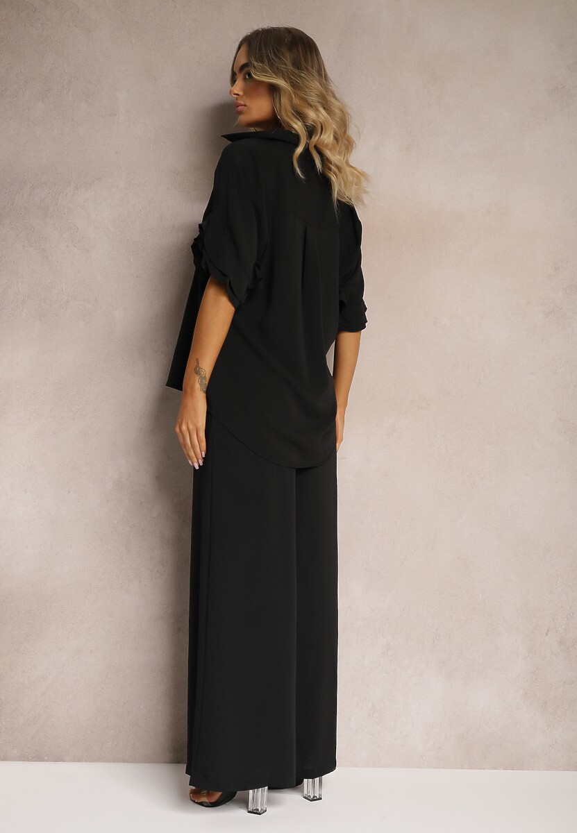 Czarny Komplet Szerokie Spodnie i Koszula z Falbanami Rivathins