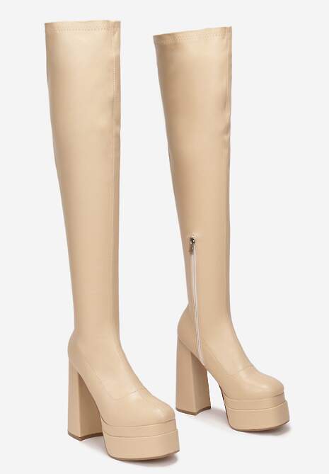 Beżowe Kozaki na Platformie i Słupku Kimia