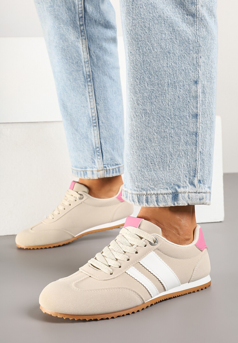 Beżowe Sneakersy z Geometrycznymi Paskami Desmira