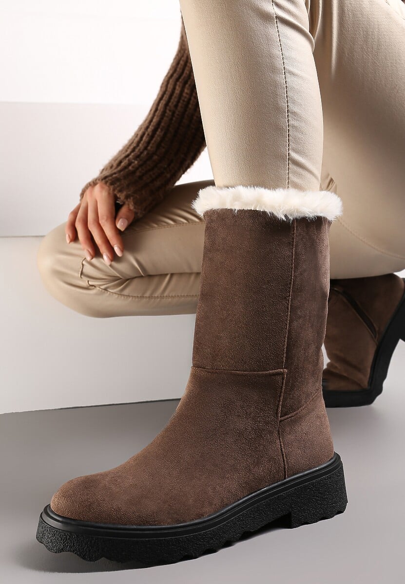 Czarne Botki z Imitacji Zamszu z Futerkiem i Płaską Podeszwą Cegia