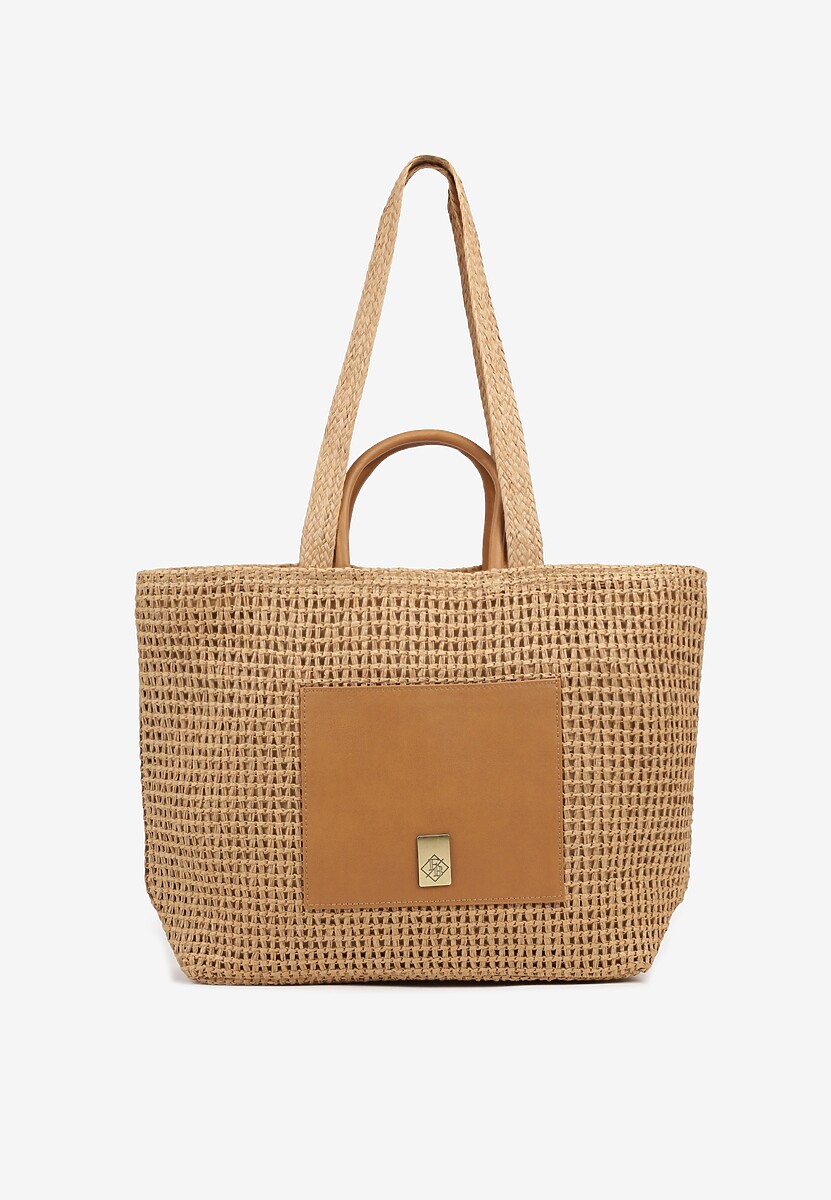 Ciemnobeżowa Torebka Shopperka z Plecionki Ozdobiona Metaliczną Aplikacją Felomea