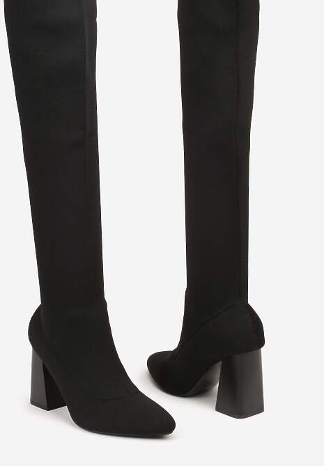 Czarne Kozaki Vices za Kolano na Słupku ze Skarpetkową Cholewką Neliannea