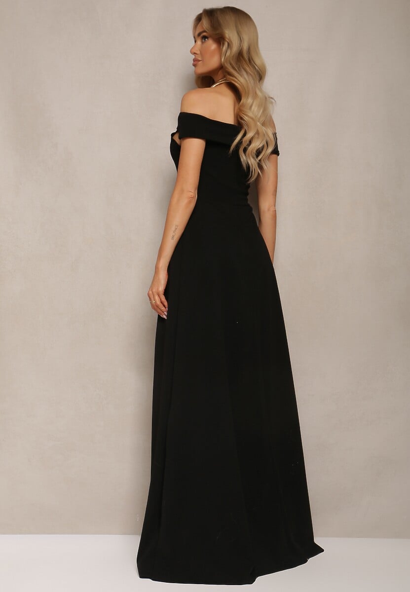 Czarna Elegancka Długa Sukienka Hiszpanka Wykończona Rozcięciem na Dole Idelia