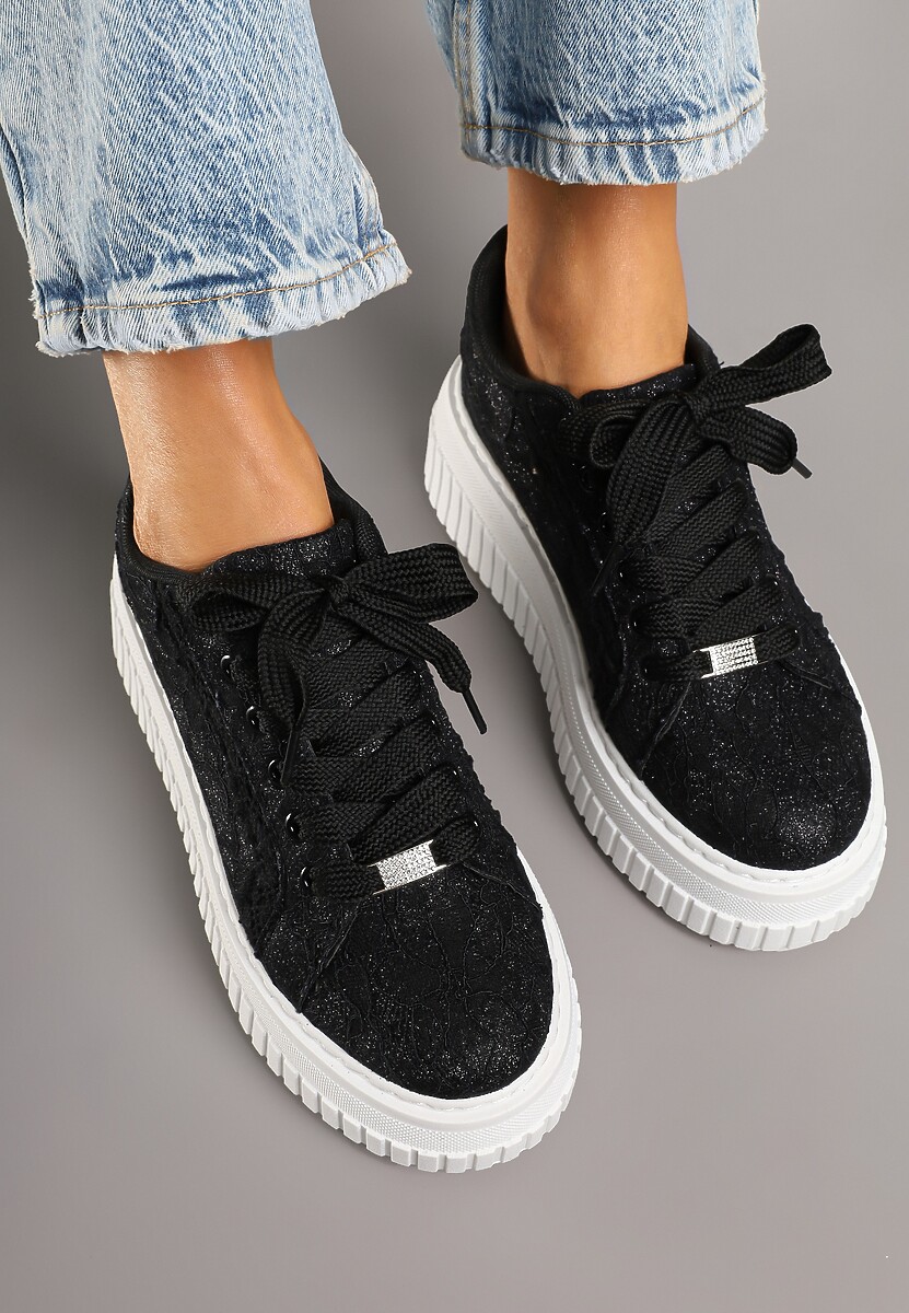 Czarne Sneakersy na Platformie Ozdobione Brokatem Tihisse