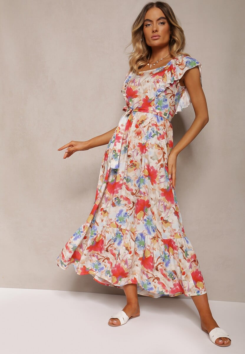 Jasnofioletowa Kwiecista Sukienka z Wiskozy z Falbanką na Ramiączkach z Materiałowym Paskiem Nuclemia