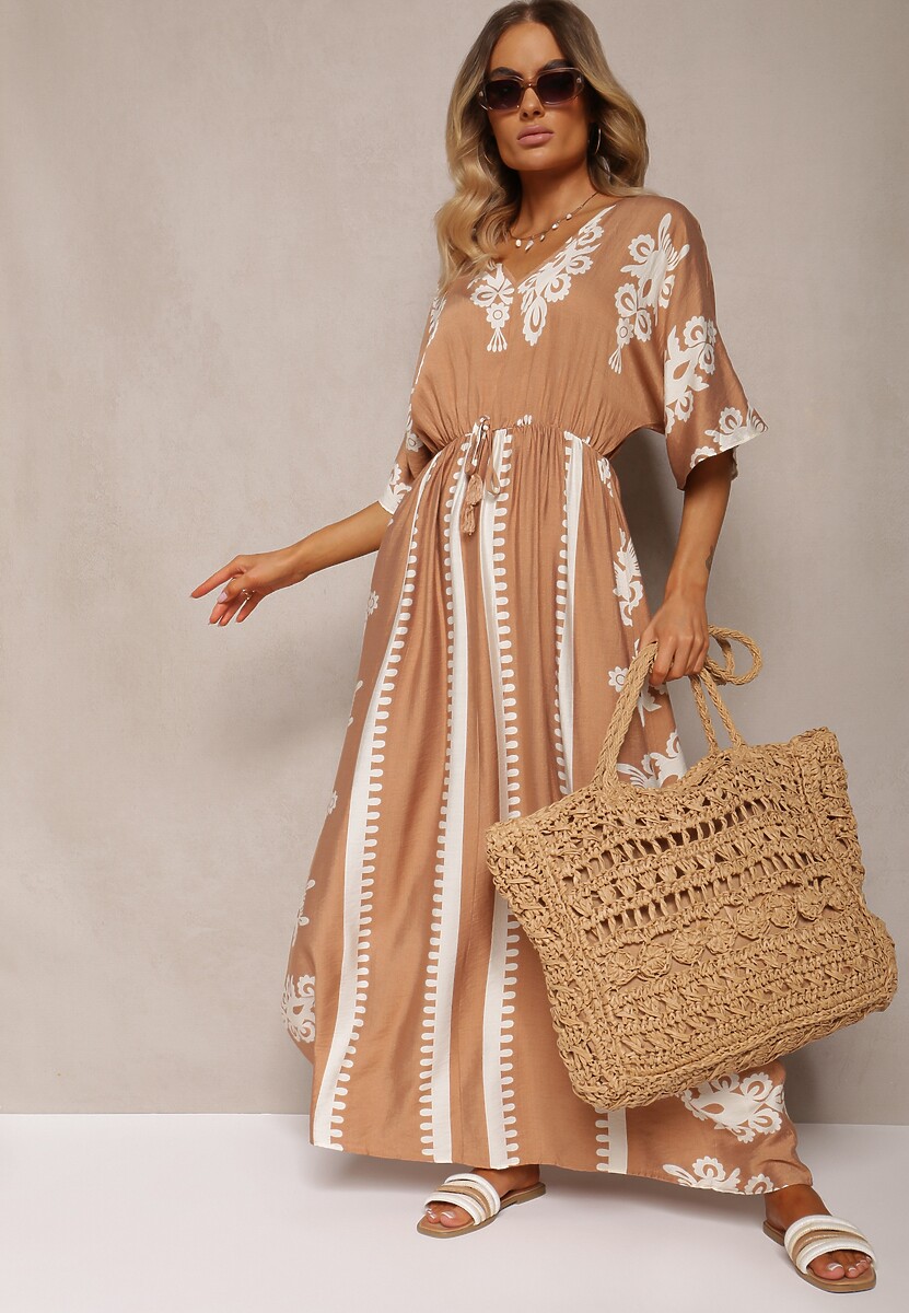 Brązowa Sukienka Taliowana z Bawełny z Gumką w Pasie Rivaq