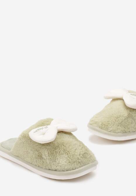 Zielone Kapcie Ozdobione Kokardką ze Sztucznego Futerka na Piankowej Podeszwie Ravna