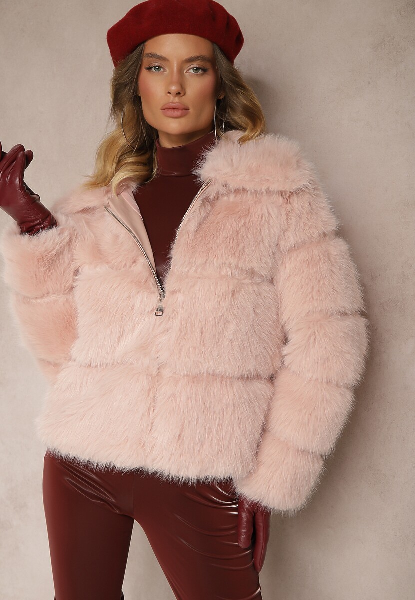 Różowa Pikowana Kurtka Futrzana z Eleganckim Kołnierzem Sinadrea