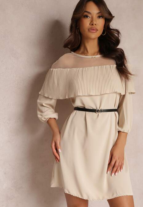 Beżowa Sukienka z Ozdobnym Dekoltem z Falbanką i Paskiem w Komplecie Loretia