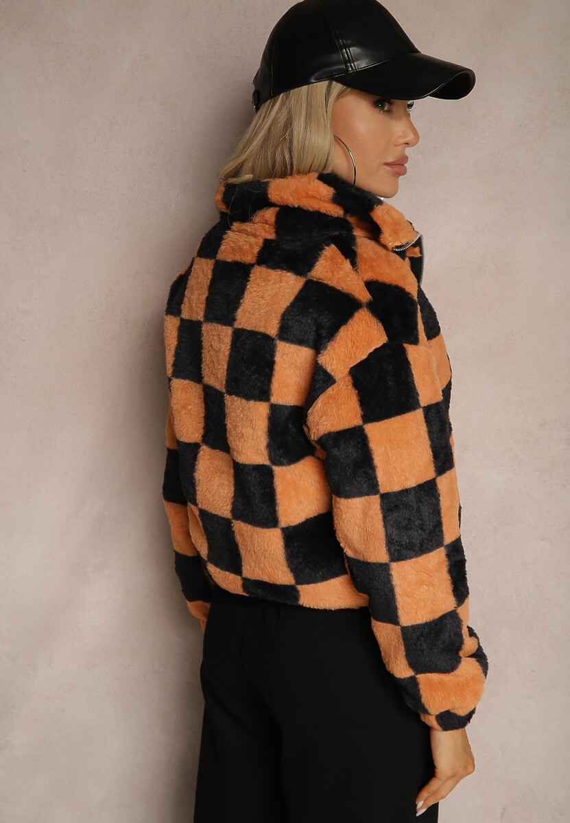Czarno-Pomarańczowa Kurtka z Futerka Zasuwana z Kołnierzykiem w Kratkę Vitista