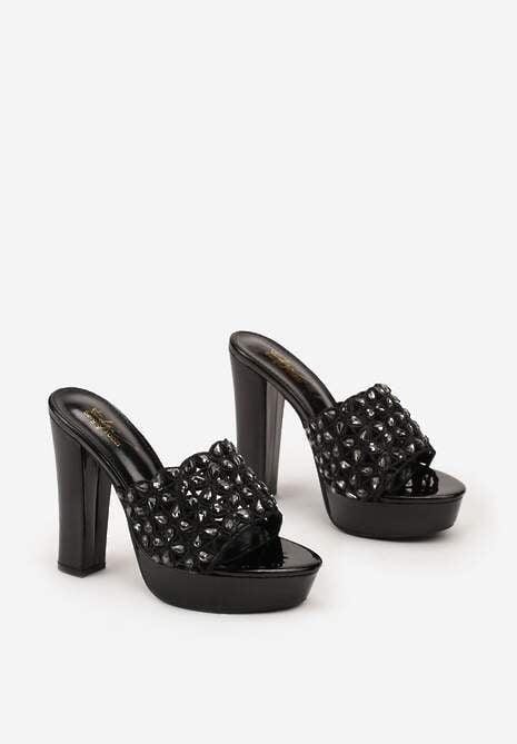 Czarne Klapki na Platformie i Wysokim Słupku z Cyrkoniami na Ażurowej Cholewce Ernella
