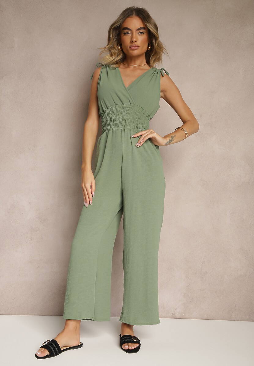 Zielony Taliowany Kombinezon z Bawełną i Kopertowym Dekoltem Lunimas