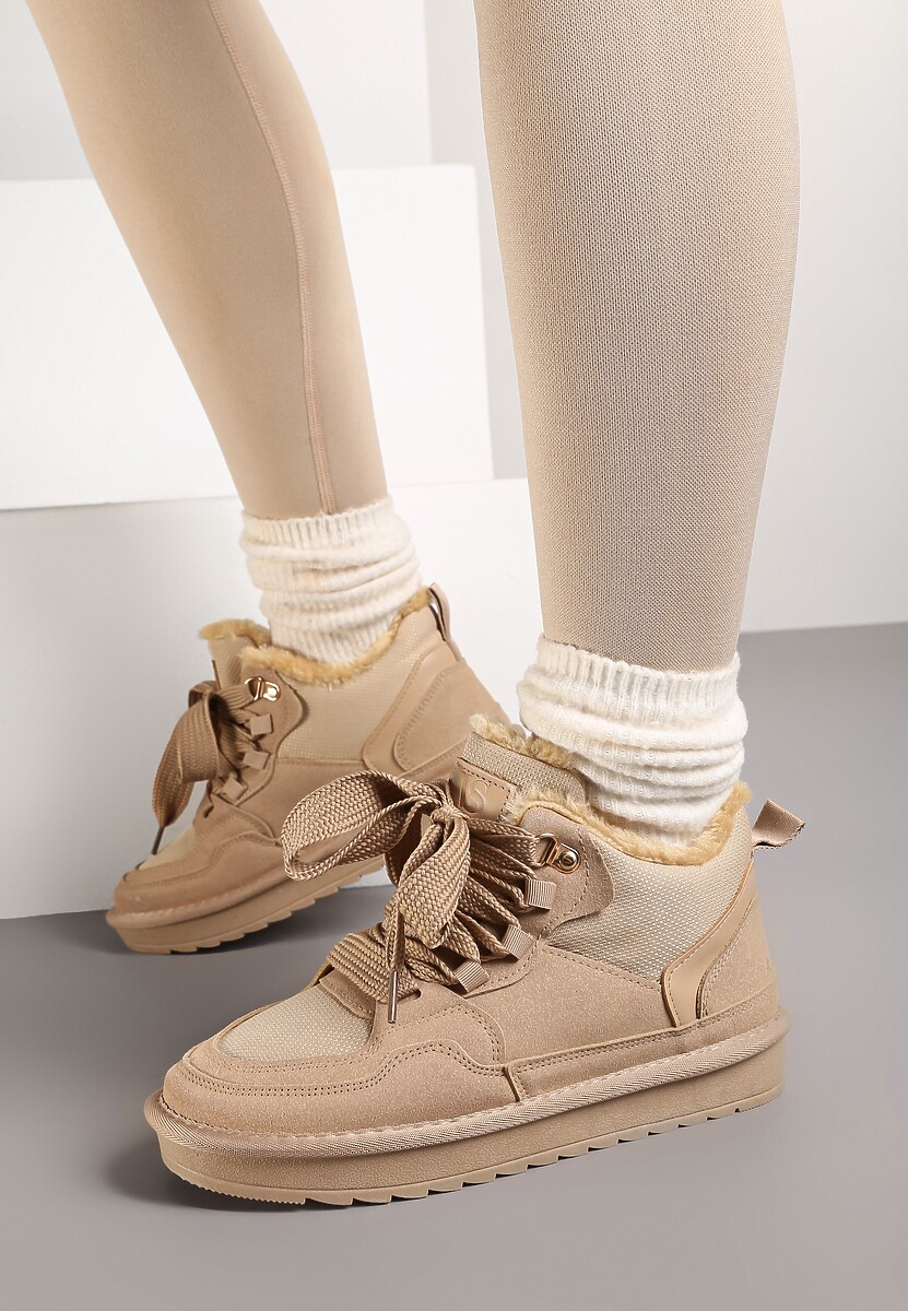 Ciemnobeżowe Zimowe Sneakersy Vices Stylizowane na Śniegowce z Futerkiem Tennira