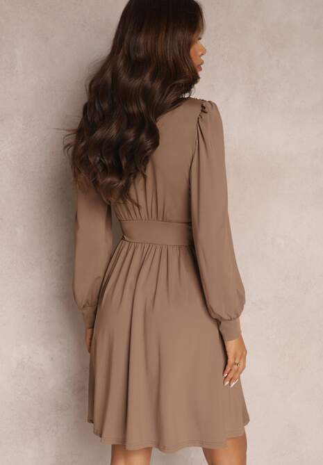 Brązowa Sukienka Kopertowa Taliowana Hosidius