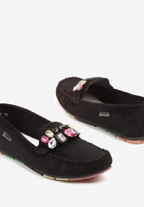 Czarne Mokasyny z Wkładką ze Skóry Naturalnej i Cyrkoniami Zimora