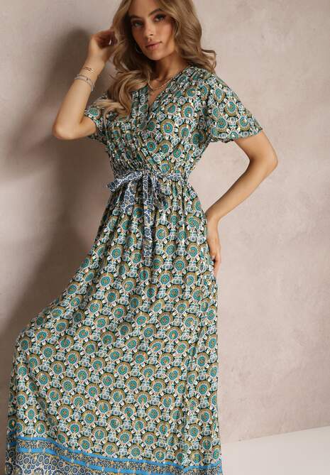 Miętowo-Zielona Sukienka Maxi z Paskiem i Gumką w Talii w Ornamentalny Wzór Calvim