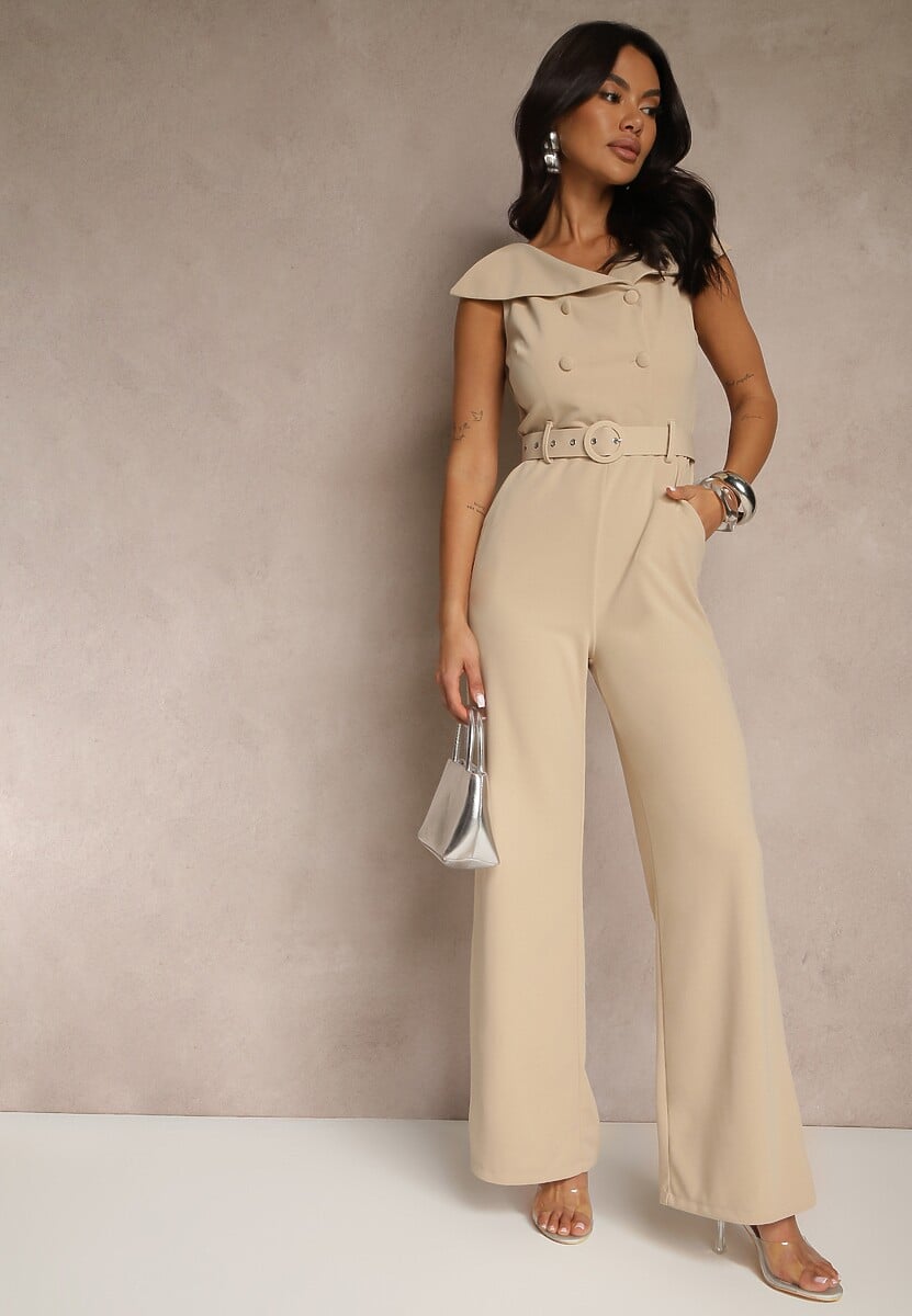 Beżowy Kombinezon z Dekoltem w Łódkę Guzikami i Paskiem Galissela