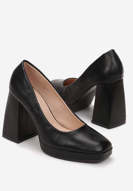 Czarne Czółenka z Kwadratowym Noskiem na Geometrycznym Słupku Evelyna