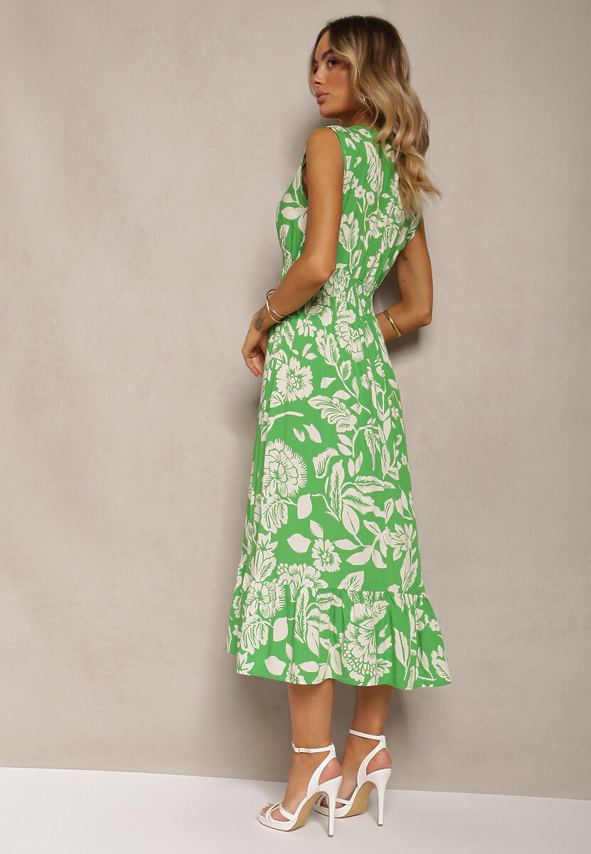 Zielona Wiskozowa Kwiatowa Sukienka Wykończona Gumką w Pasie o Rozkloszowanym Kroju Keranea