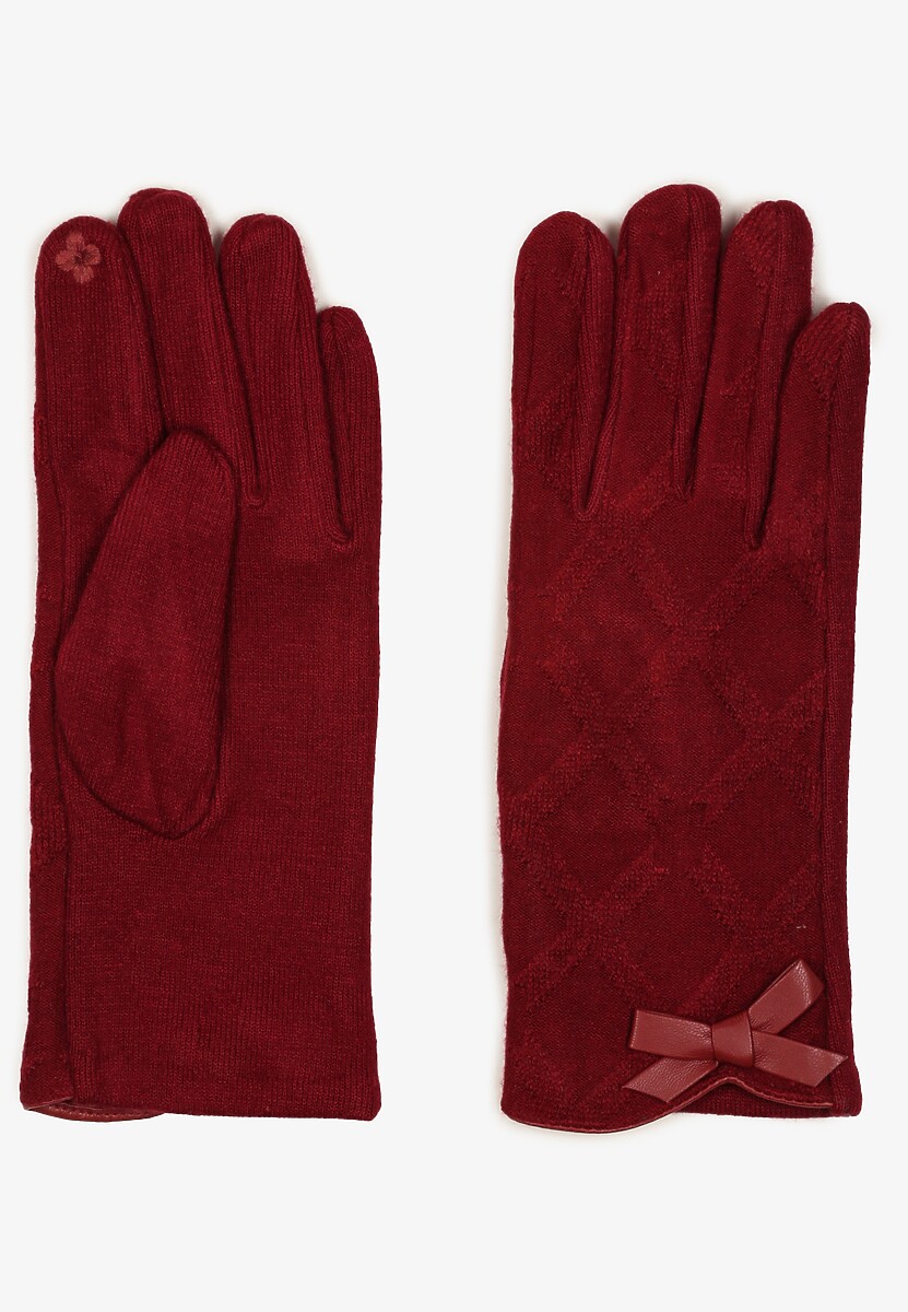 Ciemnobeżowe Rękawiczki Dzianinowe z Bawełną Ozdobione Kokardą Filremi