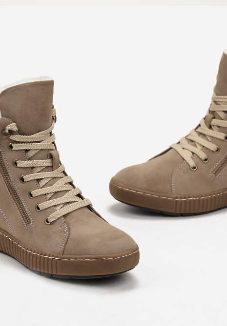 Ciemnobeżowe Traperki Sportowe ze Sznurowaniem i Ociepleniem Persetina