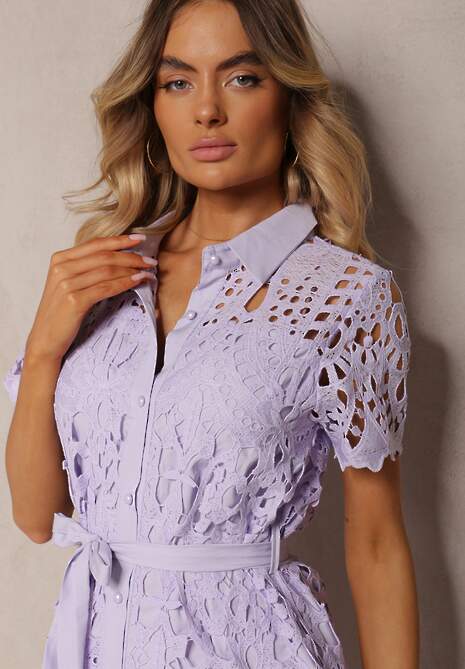 Fioletowa Koszulowa Sukienka Midi z Ażurowym Zdobieniem Tatrasi