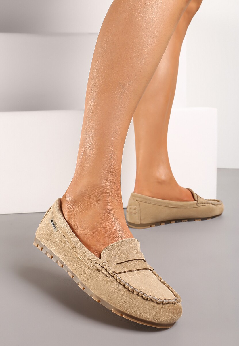 Ciemnobeżowe Płaskie Mokasyny o Klasycznym Fasonie z Przeszyciem Wenniva