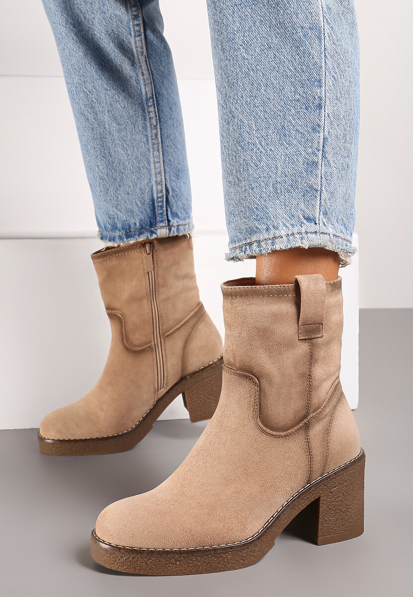 Beżowe Ocieplane Botki na Słupku Ozdobione Paskiem Asintila