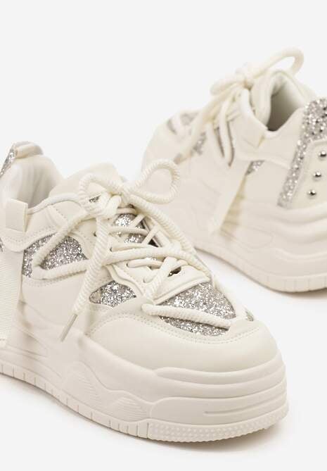 Beżowe Sneakersy w Streetwearowym Stylu na Tłoczonej Platformie z Brokatem Mailienne