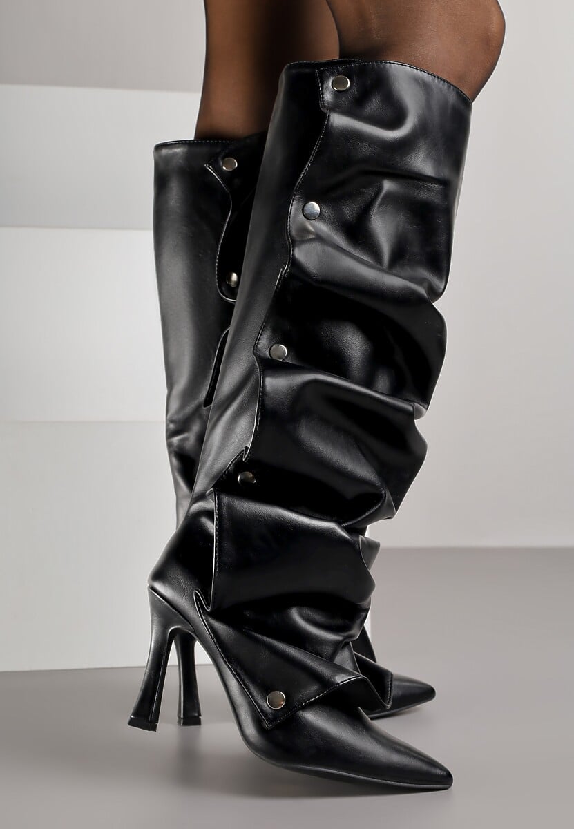 Czarne Marszczone Kozaki na Szpilce z Cholewką na Napy Reiantha