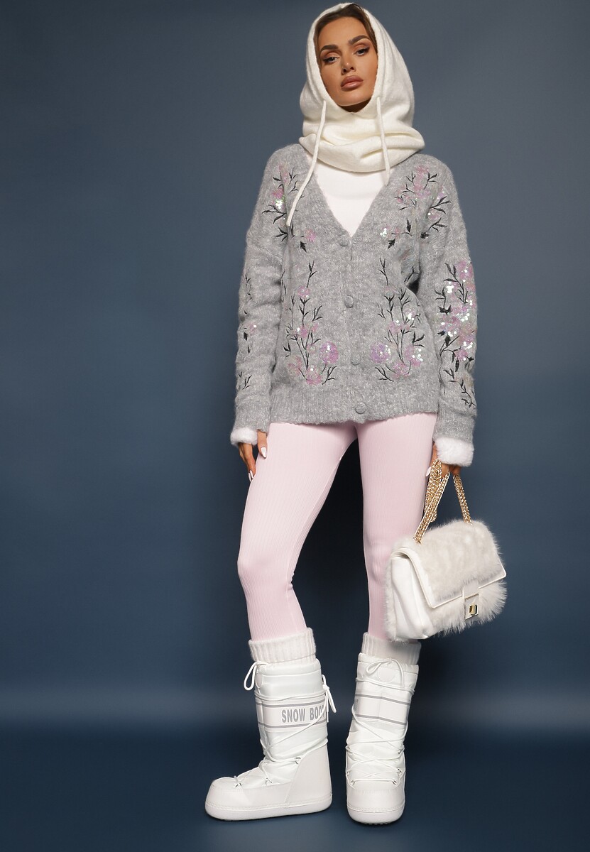 Jasnoszary Kardigan z Wełną o Klasycznym Kroju z Ozdobnym Haftem i Cekinami Isselia